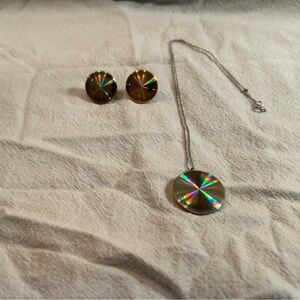 Vintage Disco Silver Holographic Pendent and Matching Earrings